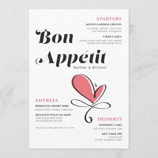 Menu Bon Appetit Dîner Mariage Coeur Saumon (Devant)