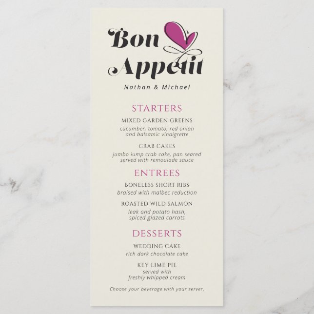 Menu Bon Appetit Dîner Mariage Crème Magenta (Devant)