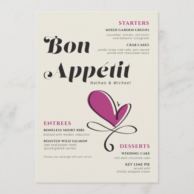 Menu Bon Appetit Mariage Diner Crème Magenta (Devant)