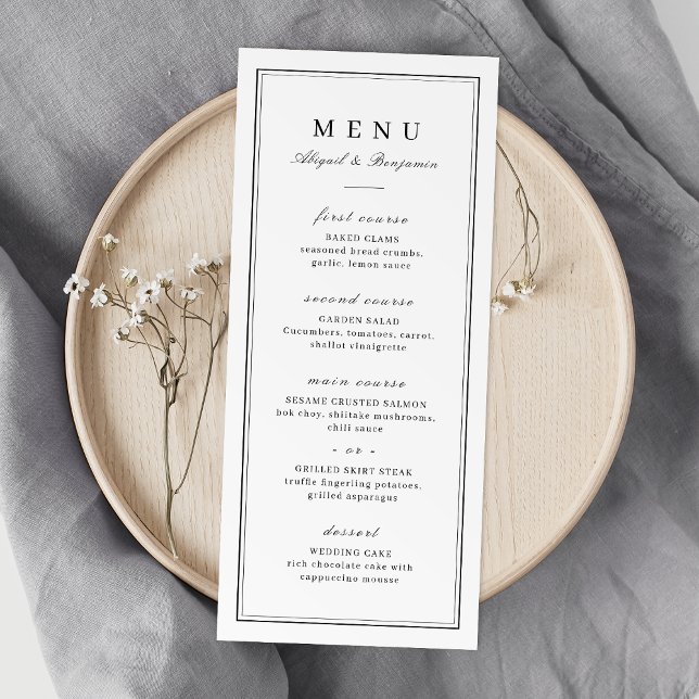 Menu Bordures élégantes noir & blanc minimaliste mariag (Elegant borders black & white minimalist wedding menu)