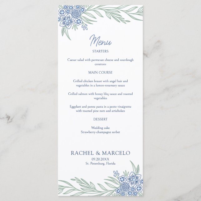 Menu Botanique Floral Dusty Blue Navy Mariage (Devant)