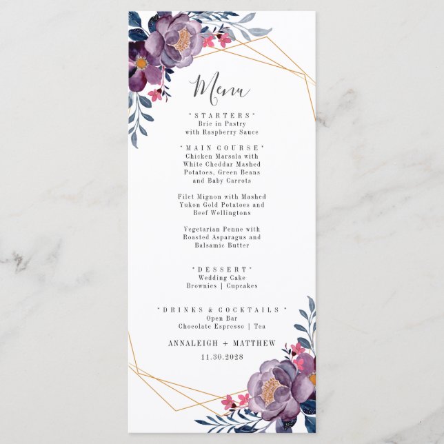 Menu Botanique géométrique fleurie violette Mariage mod (Devant)