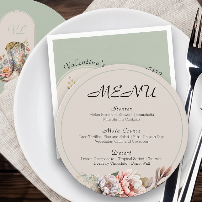 Menu Bottes florales Boho Neutre Sage Vert (Editable Menu from my Boho Floral Cowgirl Boots Quinceanera Collection)