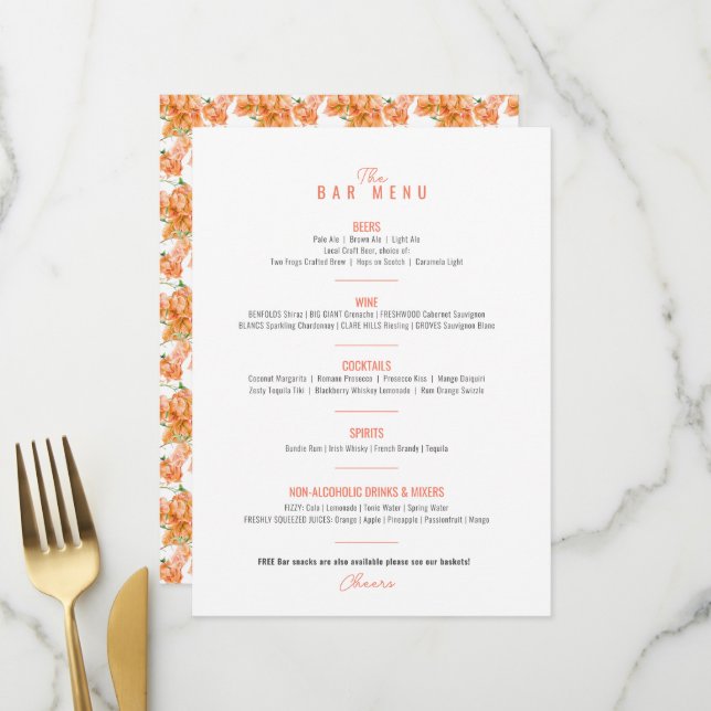 Menu Bougainvillea orange aquarelle bar mariage (Devant/Arrière en situation)