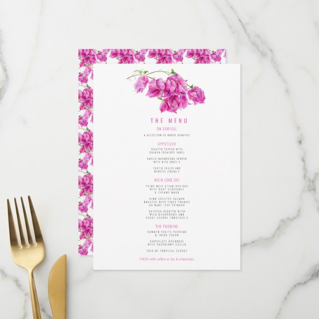 Menu Bougainvillea rose violet mariage d'aquarelle (Devant/Arrière en situation)