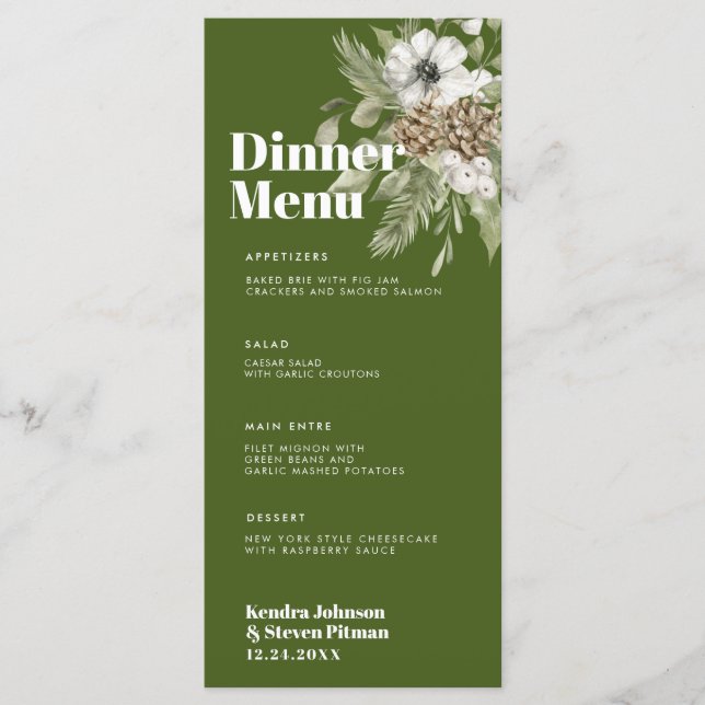 Menu Bouquet de forêt d'hiver vert et blanc Mariage mod (Devant)