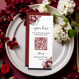 Menu Bourgogne Floral Moderne QR Code Mariage Open Bar