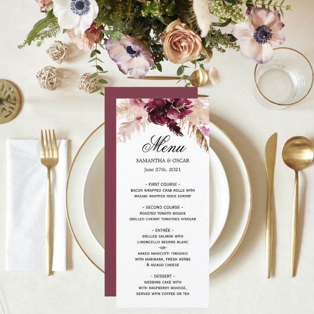Menu Bourgogne Moderne Fleurs Roses Blush  (Créateur téléchargé)