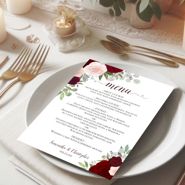 Menu Bourgogne Rouge et rose Rustique Floral élégant ma (5x7 inch menu on small plate)