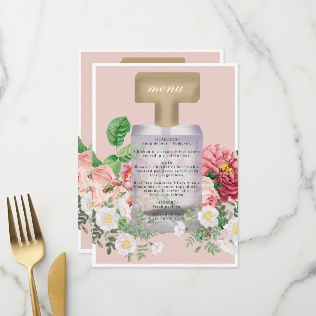 Menu Bouteille de parfum rose pâle Fête des mariées flo (Devant/Arrière en situation)