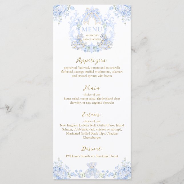 Menu Bow Floral Crest Rustic Elegant Blue Baby Boy Show (Devant)