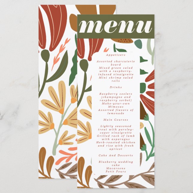 Menu Bright Boho Terracotta Abstrait Mariage floral (Devant / Derrière)