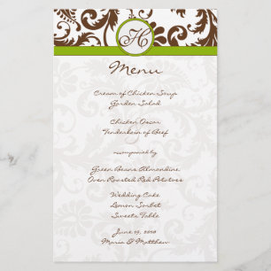 Menu Brown et Apple Green Mariage damassé