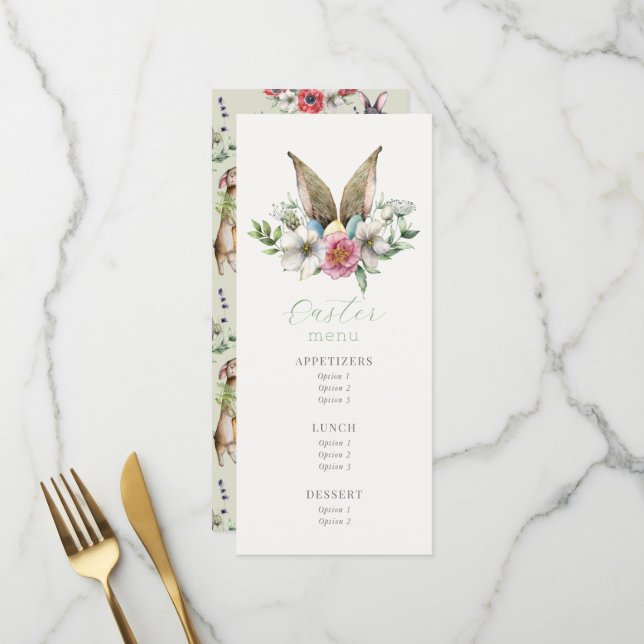 Menu Brunch de Pâques de Lapin Floral (Devant/Arrière en situation)