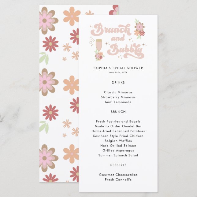 Menu Brunch floral rétro et Fête des mariées bulle (Devant / Derrière)