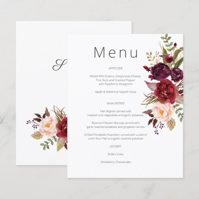 Menu Budget Bourgogne Marsala & Pink Floral - Blan (Devant / Derrière)