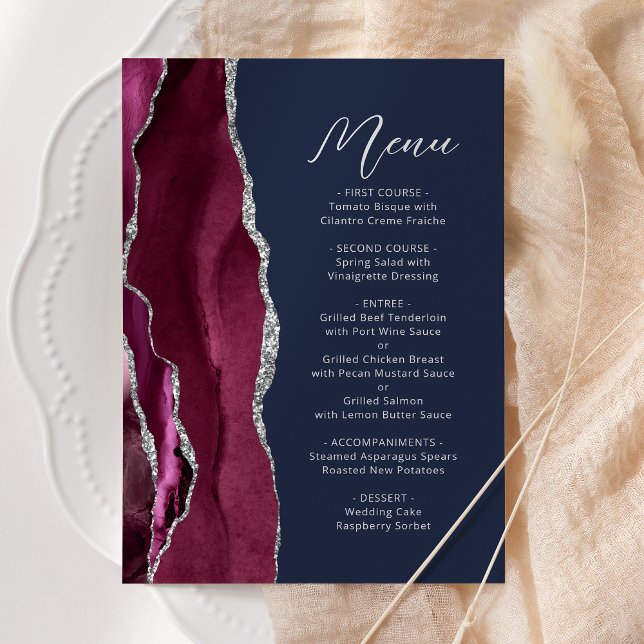Menu Burgundy Agate Argent Script Marine Blue Mariage (Créateur téléchargé)