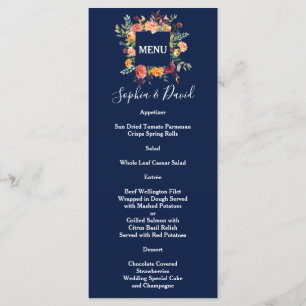 Menu Burgundy Blush Floral Frame Bleu foncé Mariage