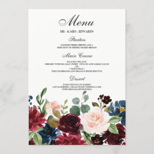 Menu Burgundy Blush Rouge Vins Fleurs Mariage moderne
