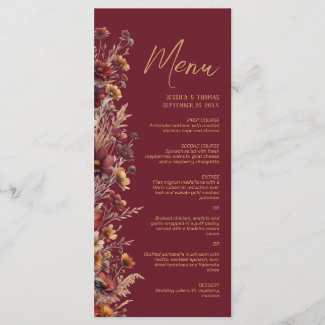 Menu Burgundy Boho Chic Wildflowers Elegant Wedding (Devant)