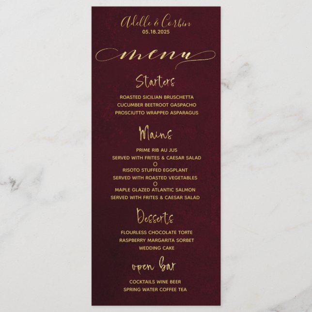 Menu Burgundy & Gold Fancy Cursive Calligraphie (Devant)