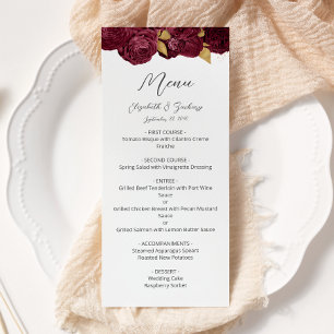Menu Burgundy Gold Floral Mariage de script moderne