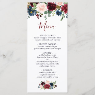 Menu Burgundy Navy Blue Blush Floral Mariage