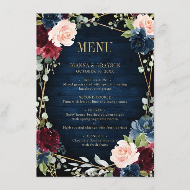 Menu Burgundy Navy Blush Floral Mariage géométrique (Devant)