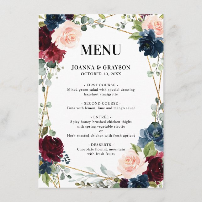 Menu Burgundy Navy Blush Floral Mariage géométrique (Devant)