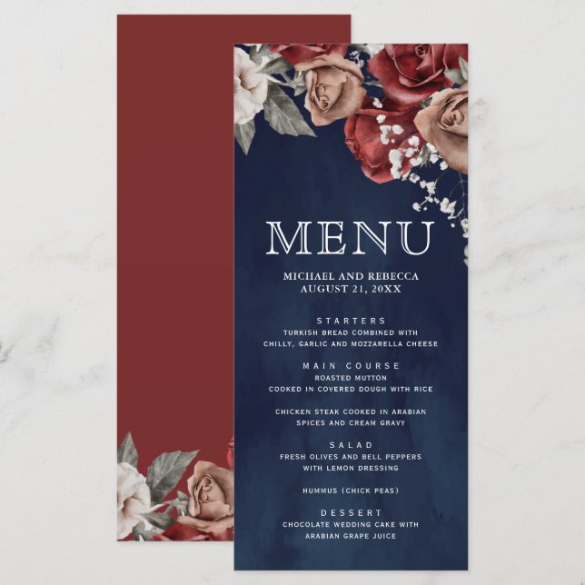 Menu Burgundy Red Roses Floral Navy Blue Wedding (Devant / Derrière)