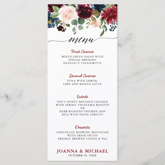 Menu Burgundy Rouge Marine Bleu Aquarelle Florale Boho (Devant)