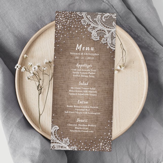 Menu Burlap Lace argent parties scintillant rustique ma (Burlap Lace silver glitter rustic wedding menu)