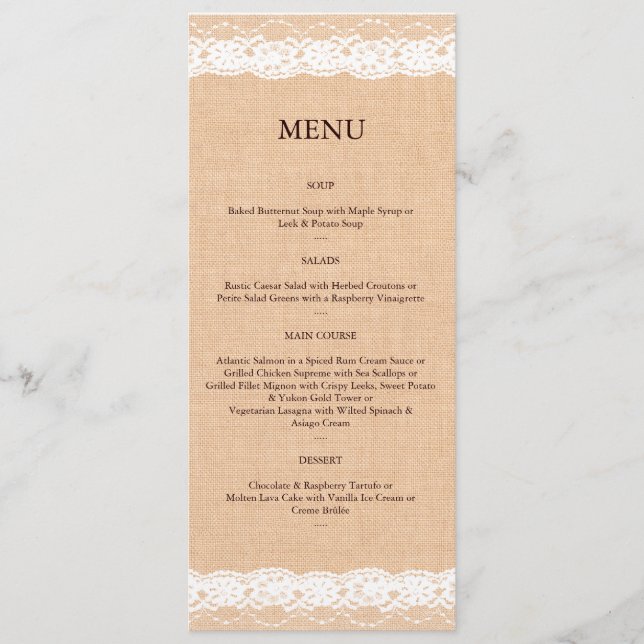 Menu Burlap Lumière & Dentelle Vintage (Devant)