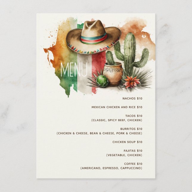 Menu Cactus, fête de la fête du sombrero. Café mexicain (Devant)