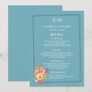 Menu Cadre avec Rose, style Mariage sur bleu