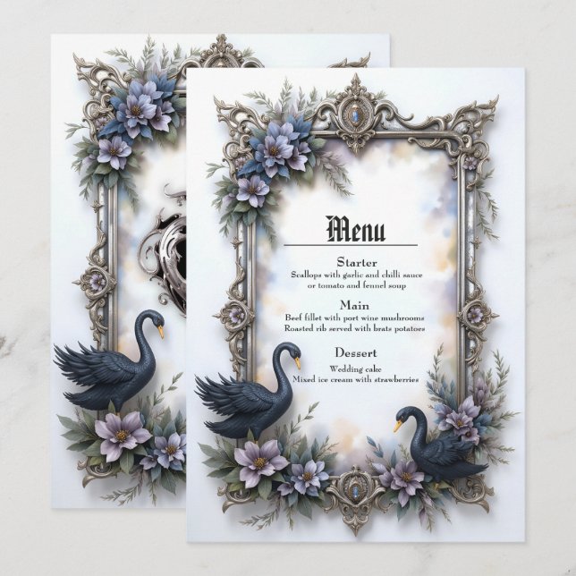 Menu Cadre de mariage Black Swan – Amour gothique roman (Devant / Derrière)