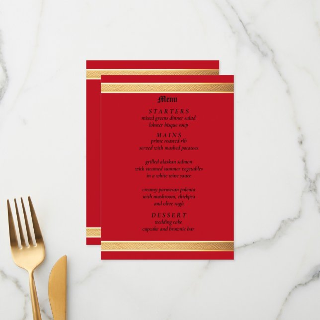 Menu Cadre doré aux roses rouges, mariage gothique (Devant/Arrière en situation)