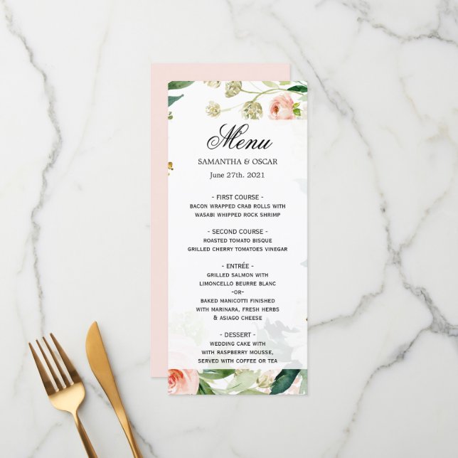 Menu Cadre floral aquarelle rose pâle élégant (Devant/Arrière en situation)