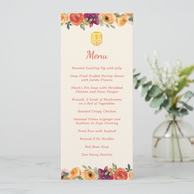 Menu Cadre floral beige mariage chinois (Debout devant)