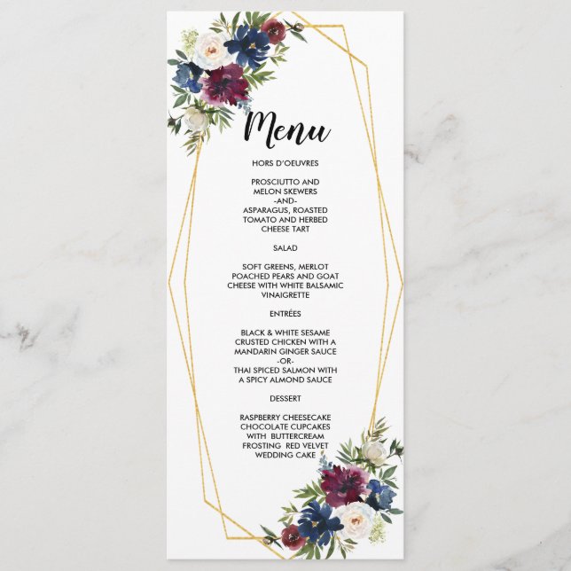 Menu Cadre géométrique Bourgogne Mariage de fleurs de m (Devant)
