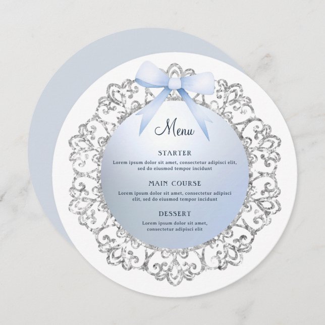 Menu Cadre Parties scintillant Argent Bleu Bow rond (Devant / Derrière)
