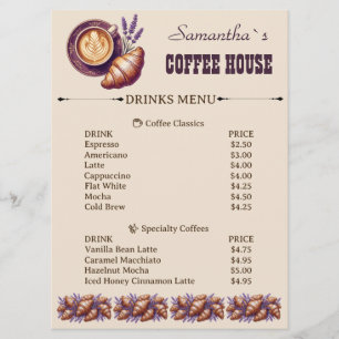Menu Cafe Custom Merch Croissant Vintage Avec Lavande