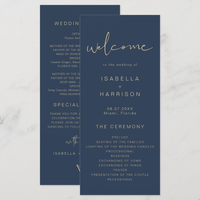 Menu CAITLIN Edgy Marine et Gold Simple Wedding Program (Devant / Derrière)