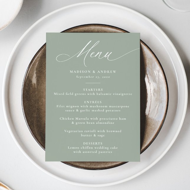 Menu Calligraphie Élégante Moderne Vert Sage Mariage (Créateur téléchargé)