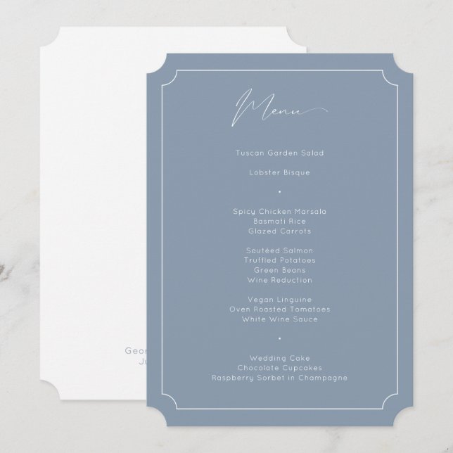 Menu Calligraphie formelle classique Dusty Mariage bleu (Devant / Derrière)