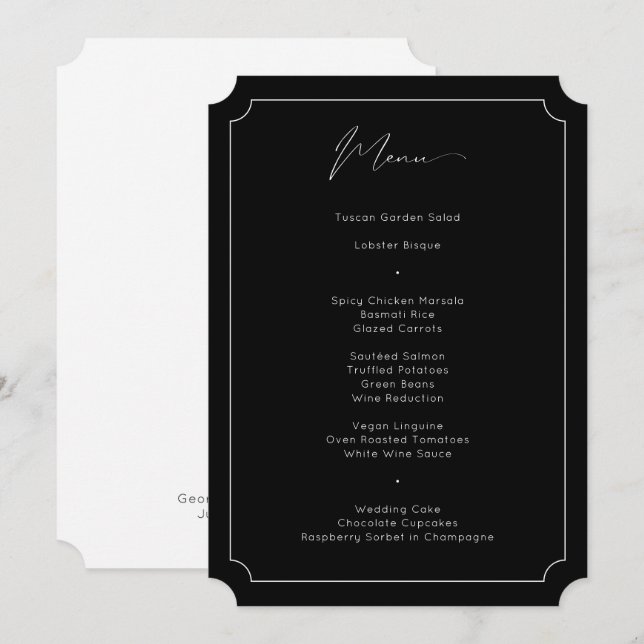 Menu Calligraphie formelle classique Mariage noir solid (Devant / Derrière)