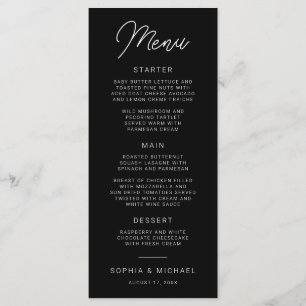 Menu Calligraphie Joueuse moderne Mariage noir blanc