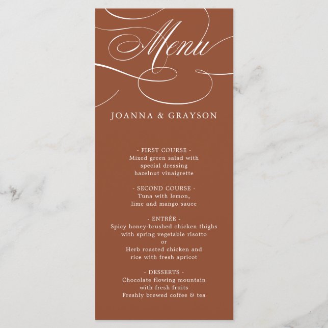 Menu Calligraphie moderne Mariage en terre cuite intemp (Devant)