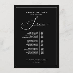 Menu Calligraphie moderne Salon noir blanc Liste des pr