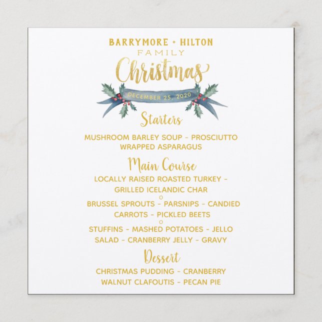 Menu Calligraphie Or Élégant Sprig Dîner de Noël (Devant)